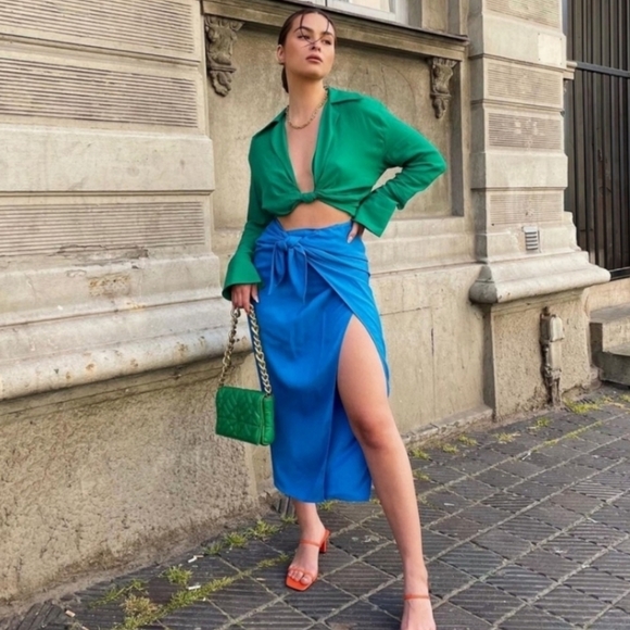 ZARA High Waisted Pareo Knot Skirt Blue - Picture 6 of 6